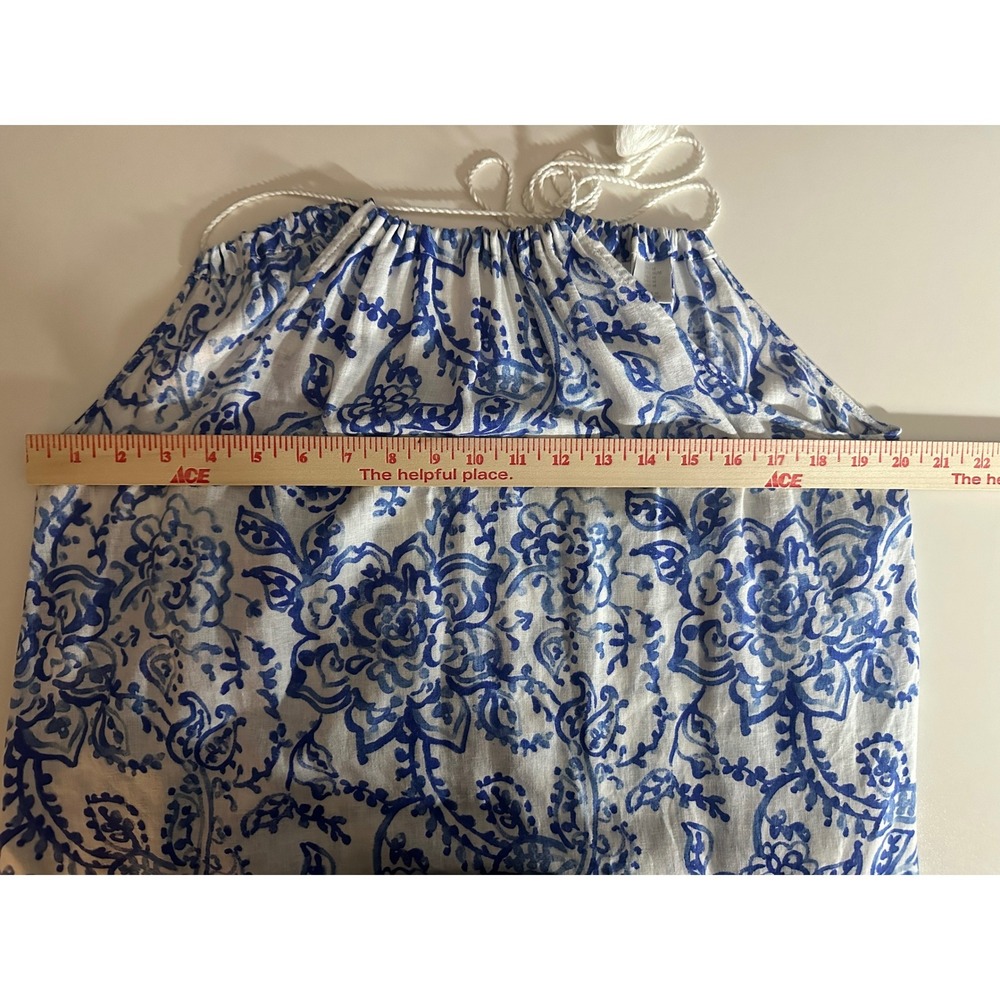 Caroline Constas Long Sun Dress Sz M Blue White Floral Halter Pockets Coastal - Picture 5 of 12